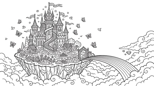 Magical floating castle in the sky with rainbow bridge, butterflies, and clouds coloring page for children to color and enjoy