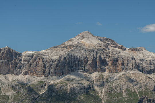 Livinallongo del Col di Lana, Italy. Piz Bo&egrave; mountain summit and dramatic layered limestone cliffs in the Dolomites