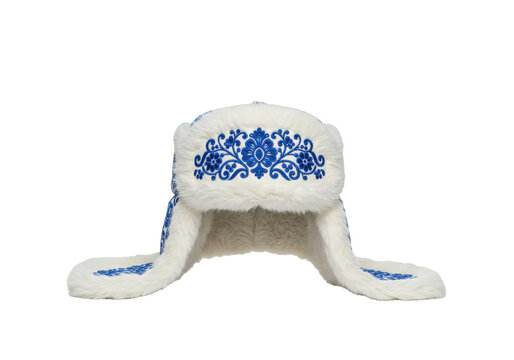 Embroidered floral ushanka hat white fur with cobalt blue ornamentation isolated white background