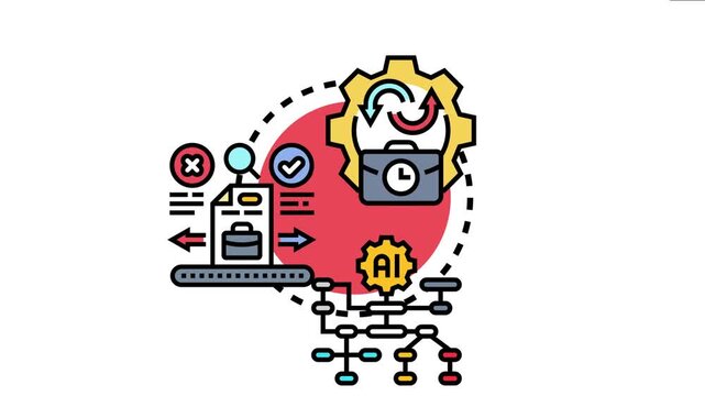 Automation rule engine concept displaying a methodical workflow using artificial intelligence for data input, processing, analysis, and rule based decision making in a digital production environment