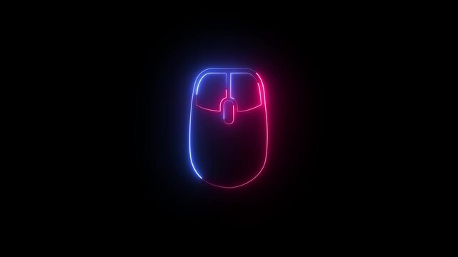Glowing blue and pink neon computer mouse clicking animation. Wireless hardware element in seamless loop. 4K digital technology motion graphic.