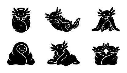 Fototapeta premium Cute Axolotl Icons, Adorable Amphibian Vector Set, Cozy Blanket Characters, Whimsical Aquatic Pet Graphics, Black and White Silhouettes