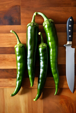 Fresh green chili peppers and kitchen knife on a wooden cutting board, cooking and healthy eating