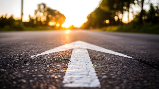 Road direction arrow marking on empty asphalt highway at golden sunset representing travel, journey and forward movement