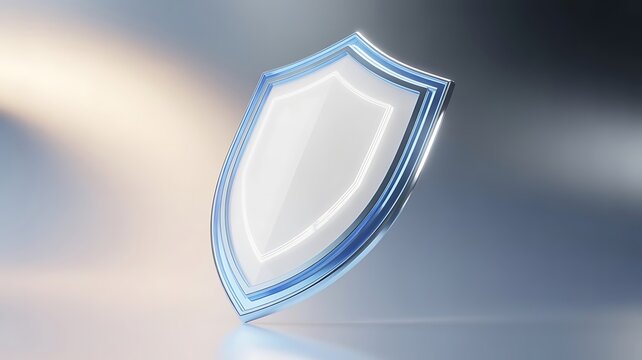 A sleek metallic shield with glowing blue edges standing on a reflective surface representing digital security and data protection technology concept