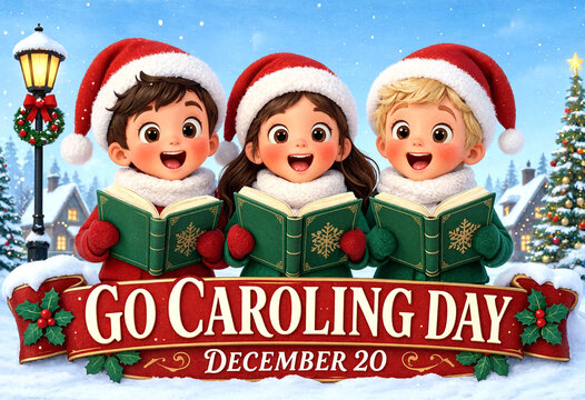 Happy children in winter clothes singing carols with books on snowy christmas holiday scene