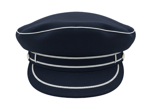 Navy blue flat cap with decorative white stitching isolated white background