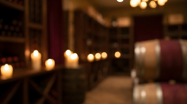 Rustic wine cellar background with blurred oak barrels and candles. Dimly lit winery basement interior. Warm bokeh lighting in vineyard vault.