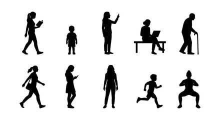Obraz premium Diverse Human Silhouettes Collection, Vector Icons for People, Activities, and Lifestyle Concepts, Simple Black Figures