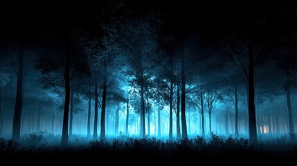 Naklejka premium Forest trees silhouettes in dark blue mist