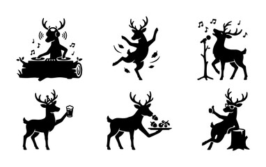 Naklejka premium Whimsical Deer Silhouette Vector Icons: DJ, Dancing, Singing, Toasting, Serving, Relaxing Set