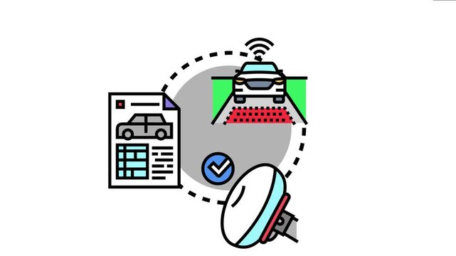 Automobile road test process featuring a car being evaluated for performance and safety, with a checklist document and a diagnostic device vehicle certification