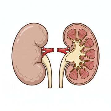 Illustration of human kidney anatomy isolated on a white background.