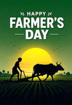 Happy farmers day celebration with farmer plowing field using oxen at sunset time