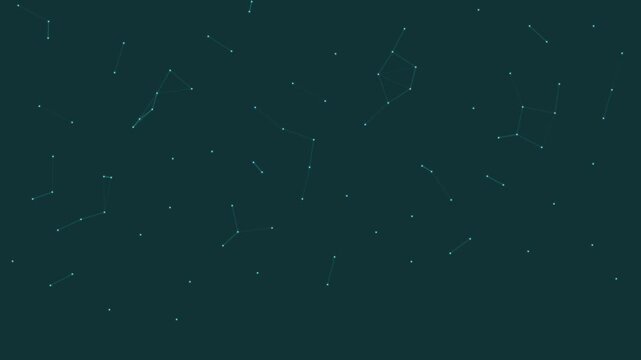 Abstract constellation network on dark teal background, geometric star map animation, digital plexus connection lines for technology concepts