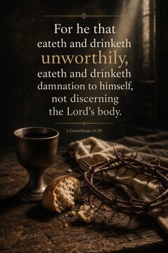 A solemn depiction of the Eucharist, emphasizing the profound spiritual discernment and potential damnation mentioned in the Corinthians scripture, for Holy Communion and Lord's