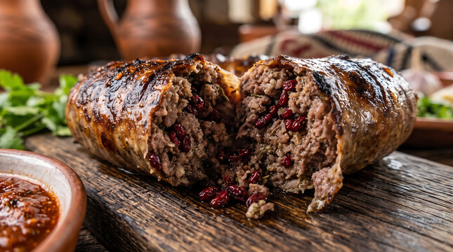 Grilled Georgian Kupati Sausage Stuffed with Minced Meat and Dried Barberries Cross-Section Close-Up