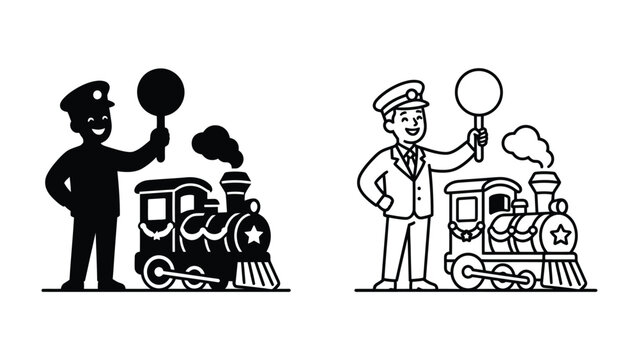 Train Conductor with Vintage Locomotive: A smiling train conductor in uniform, holding a signal lantern, stands beside a classic steam engine puffing smoke.