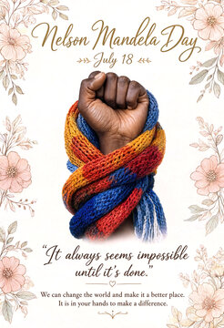 Inspirational nelson mandela day poster with raised fist wrapped in colorful scarf design elements