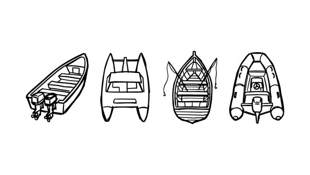 Doodle line art showing small watercraft rowboat pontoon and inflatable raft ready for transport