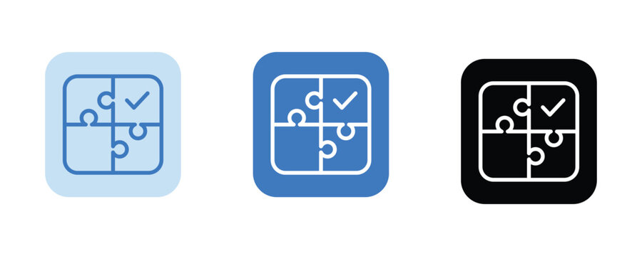Problem solving and jigsaw puzzle match line icon set with check mark symbol representing successful solution