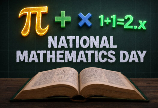 Open book with mathematical symbols and equations celebrating national mathematics day concept