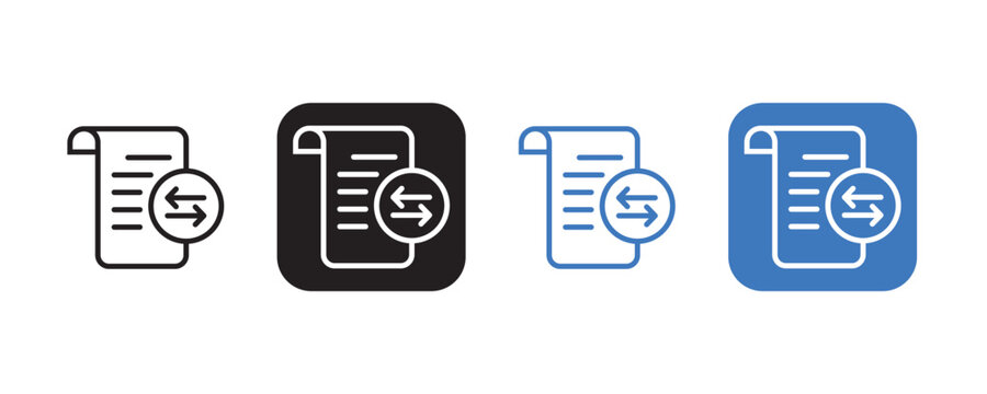 Document exchange and transfer icon set with bidirectional arrows, representing file transactions, data flow, and synchronization in outline and filled styles