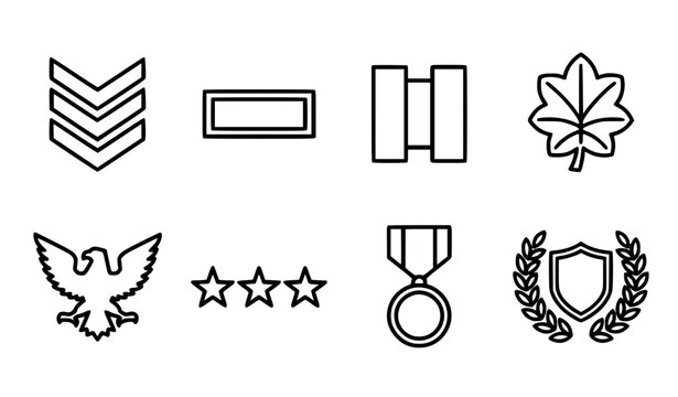 Military Rank Insignia and Army Officer Badge Outline Icon Set for Armed Forces Medals, Defense Honors, and Veteran Symbols