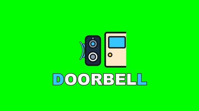 4K green screen DOORBELL animated text - the button pressing in and ringing out as the lens pulses, kinetic typography smart home tech overlay for reviews and social media, chroma key