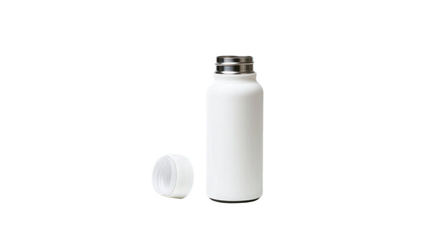 White matte thermos bottle with lid with isolated transparent copy space on transparent background