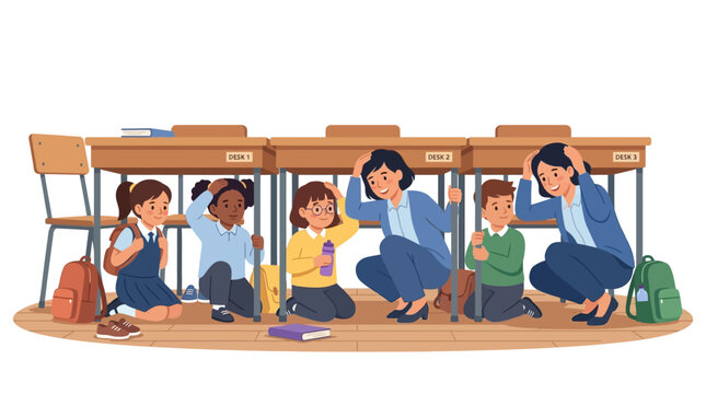 Students and Teachers During Classroom Earthquake Safety Drill