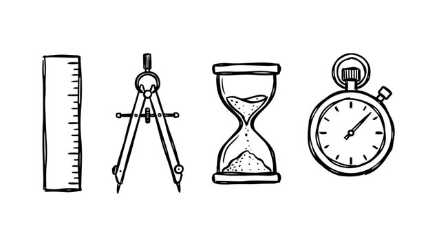 Doodle line art beautifully capturing measuring ruler drawing compass sand hourglass and precise stopwatch