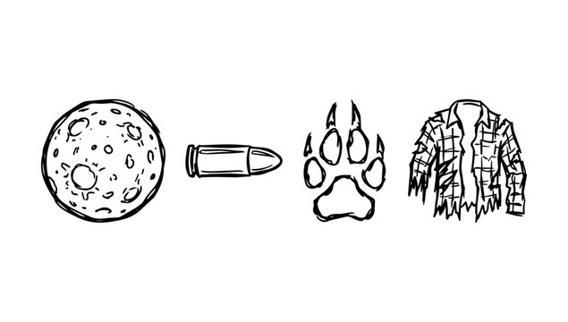 Continuous doodle line art featuring full moon metal bullet wolf paw and torn shirt