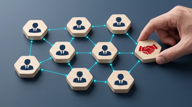 Employee network management concept with connected people nodes representing teamwork, organization and workforce strategy