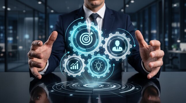 Business automation strategy with connected gears representing operational efficiency, digital transformation and management