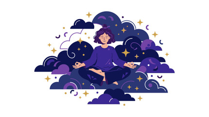 Naklejka premium Woman meditating peacefully amidst starry clouds