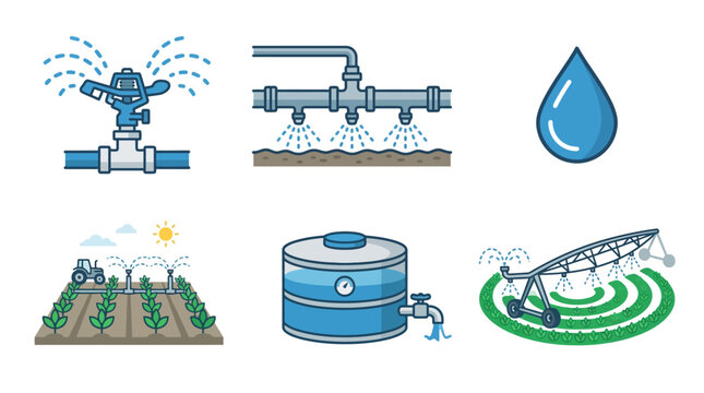 Flat vector icon collection of agricultural irrigation systems and water management equipment for sustainable farming