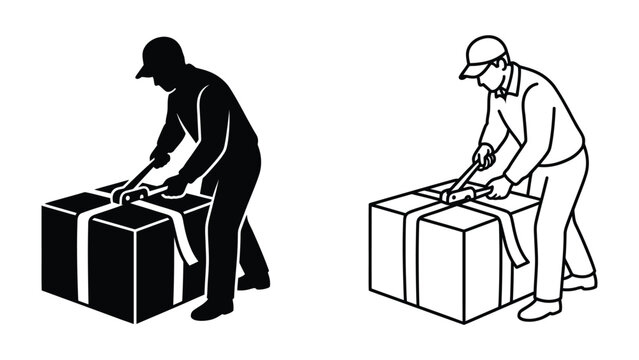 Worker Tying a Large Package: A manual worker, depicted in both silhouette and line drawing, uses a strap tensioning tool to secure a large cardboard box with straps.