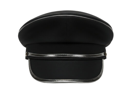 Black peaked cap with silver trim, a stylish and distinctive headwear accessory isolated white background
