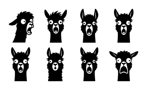 Shocked Llama Faces Vector Set, Expressive Alpaca Icons, Surprised Animal Emoticons, Black and White Graphic Elements for Design