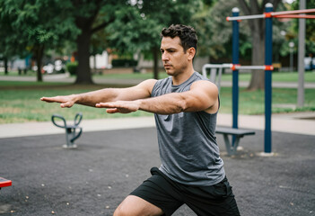 Fototapeta premium Outdoor fitness and healthy lifestyle, man doing lunges in a park for strength and wellness training
