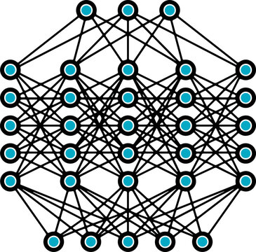 A conceptual diagram showing a complex deep learning neural network architecture with multiple layers of interconnected nodes