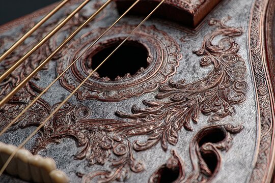 Exquisite Carving Detail on a Traditional Veena String Instrument