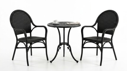 Fototapeta premium Black patio bistro set with round table and two chairs