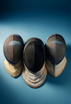 Fencing sport and competition concept three protective masks for epee foil and saber on a blue background