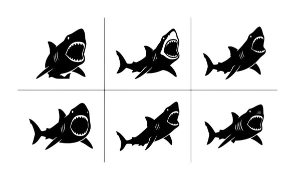 Six Black Shark Icons, Vector Set, Marine Predator Graphics, Ocean Wildlife Silhouettes, Dangerous Sea Creature Illustrations, Aquatic Danger Symbols