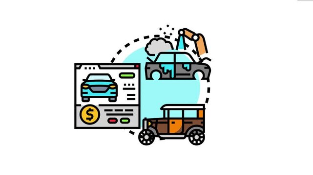 Automotive information data management system concept with an old car, a web page interface for vehicle sales, and a modern car receiving repair or maintenance services