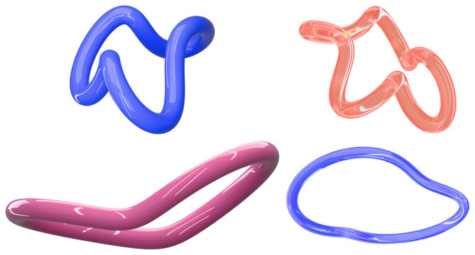 A set of glossy abstract glass flow forms in bright, colorful curves and loops.