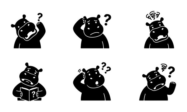 Hippopotamus Emotion Icons, Vector Set: Confusion, Doubt, Frustration, Thinking, Questioning, Bewilderment, Animal Expressions, Black and White Graphics