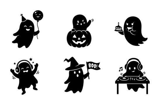Cute Halloween Ghost Icons, Spooky Character Set, Festive Holiday Vector Graphics, Black Silhouette Party Elements